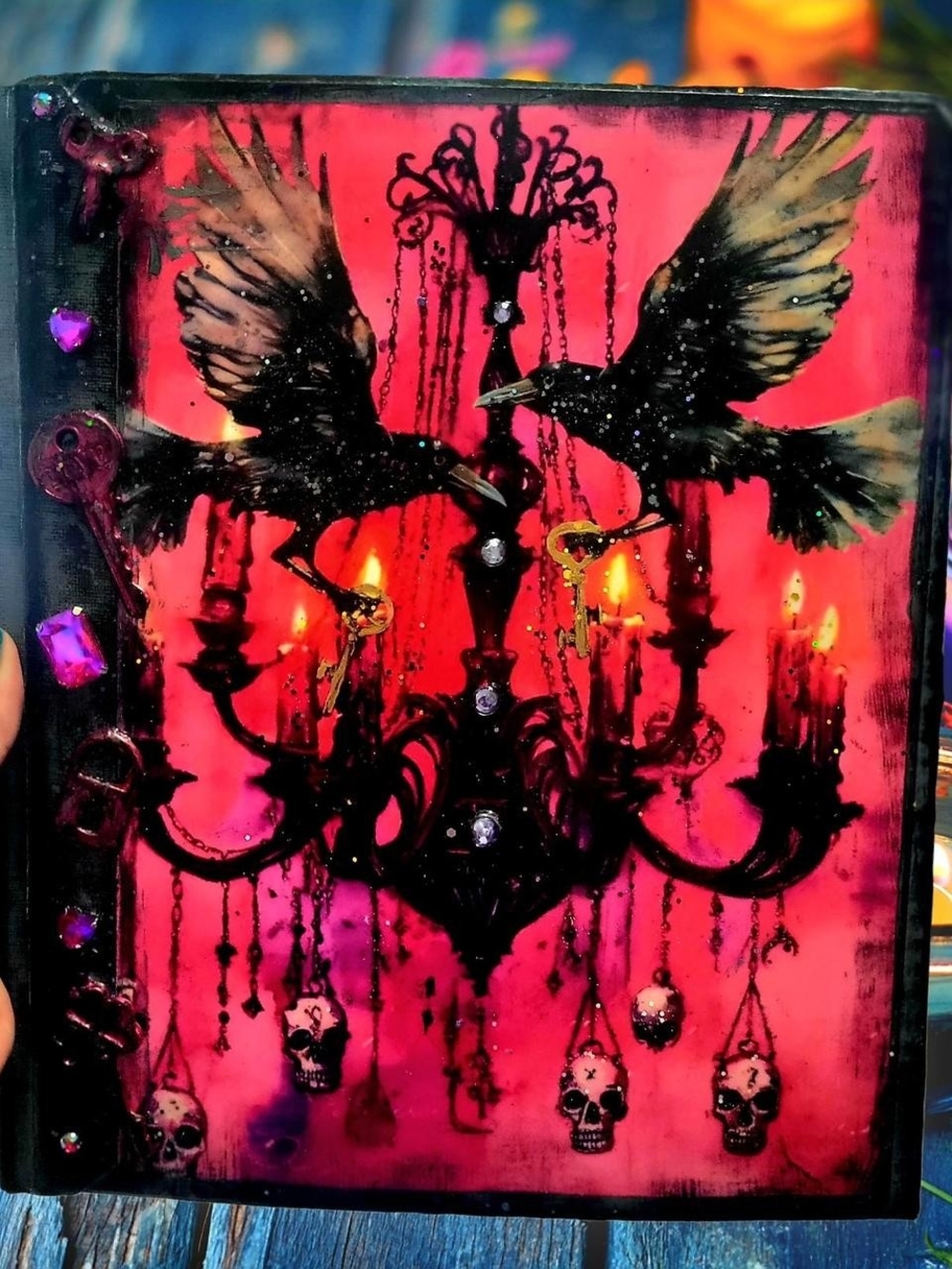 Raven's And Glitter Hot Pink Goth Whimsy Large Art Junk Journal Handmade